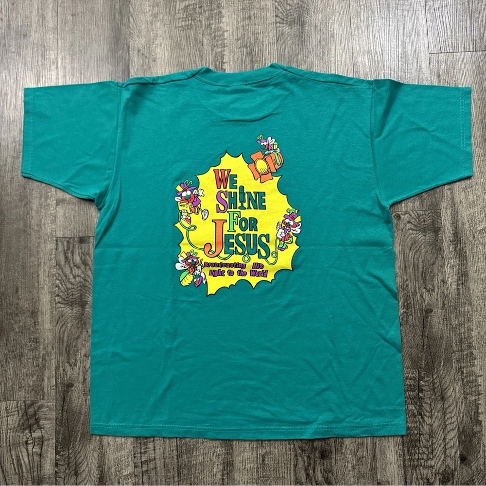 Vintage 90s We Shine For Jesus Tee Religious T Shirt Teal